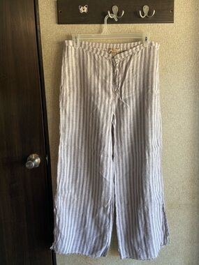 XCVI 100% linen wide leg pants grey & white stripe XL summer beach natural fiber